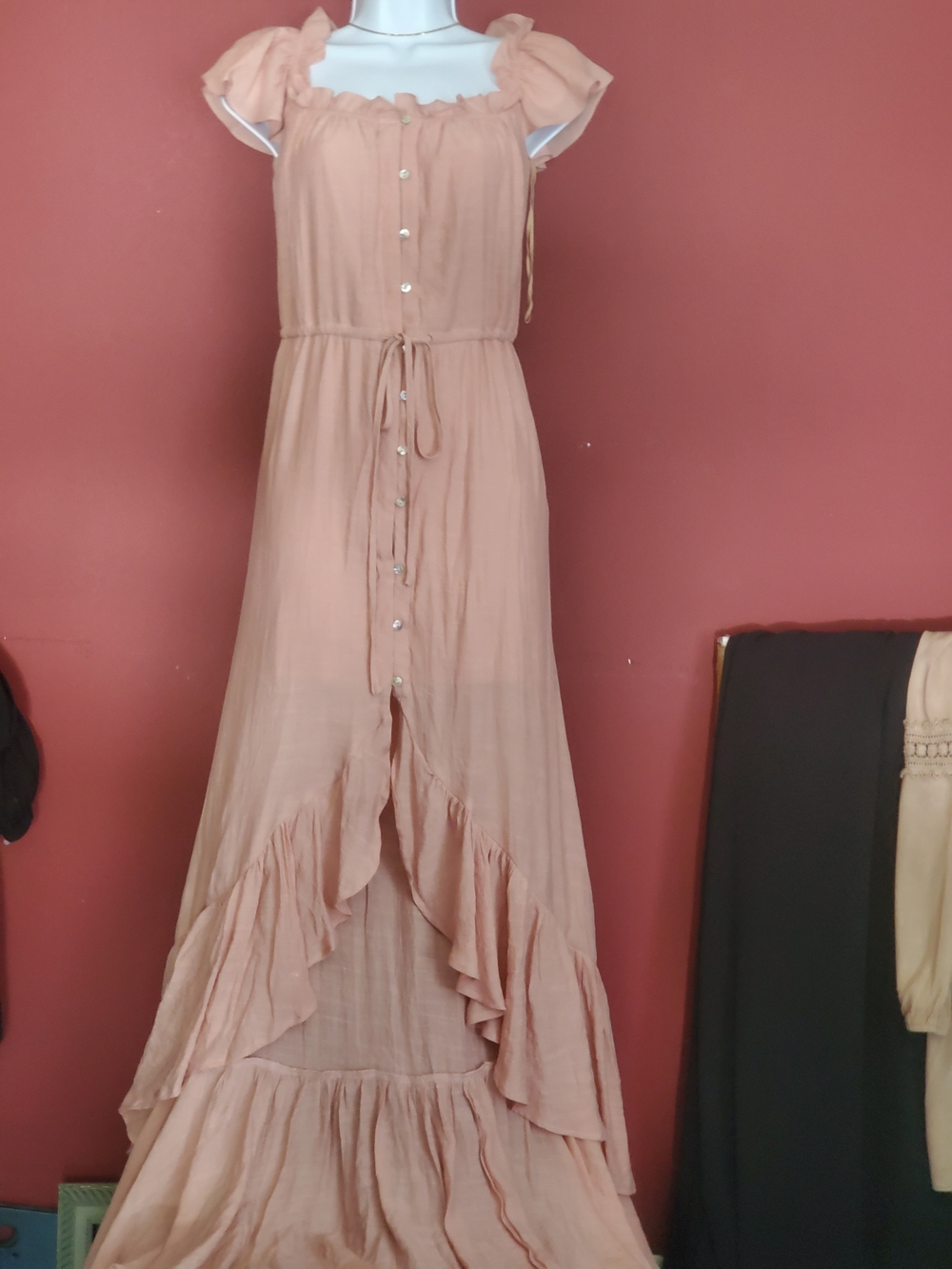 MAGNOLIA Boho Maxi Dress - Blush Pink Ruffle Front